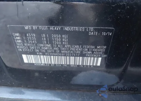 2015 Subaru Legacy 2.5I Premium z USA, uszkodzony, nr VIN 4S3BNAD68F3027517